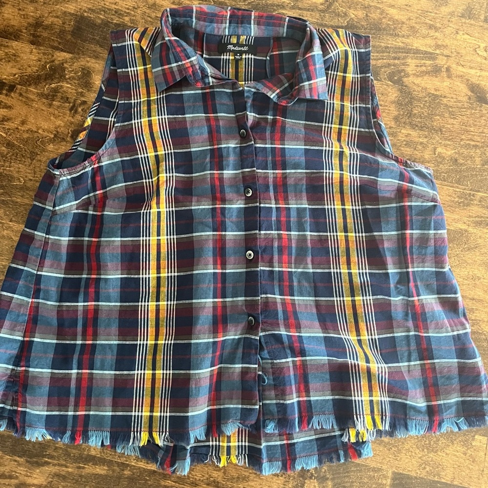 Madewell Plaid Sleeveless Blouse fringe top